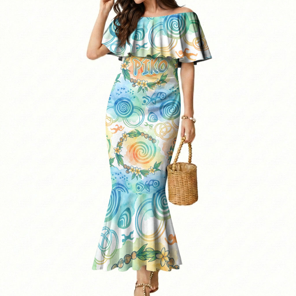 Hawaiian Piko Cultural Pride Aloha Mermaid Dress Watercolor Spiral Art - Tropical Plumeria Lei Garland TS04 Women White Blue - Polynesian Pride