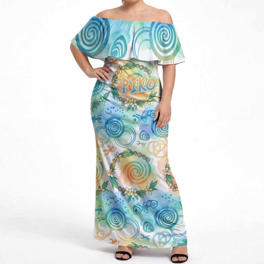 Hawaiian Piko Cultural Pride Aloha Off Shoulder Maxi Dress Watercolor Spiral Art - Tropical Plumeria Lei Garland TS04 Women White Blue - Polynesian Pride
