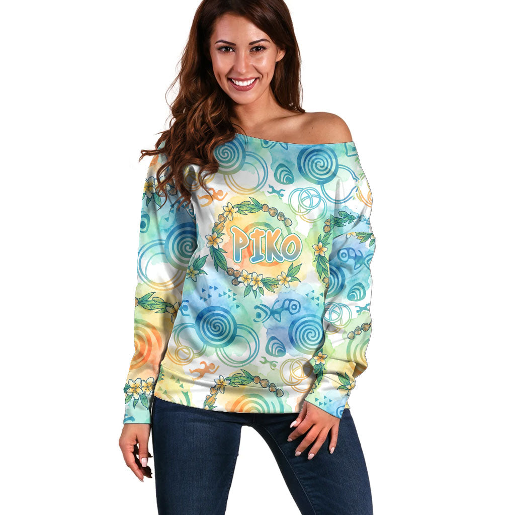Hawaiian Piko Cultural Pride Aloha Off Shoulder Sweater Watercolor Spiral Art - Tropical Plumeria Lei Garland TS04 Women White Blue - Polynesian Pride