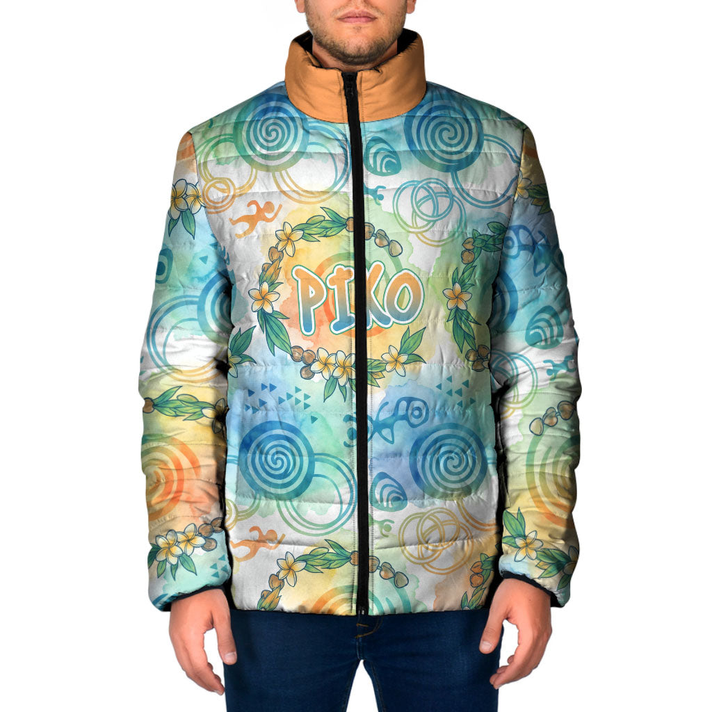Hawaiian Piko Cultural Pride Aloha Padded Jacket Watercolor Spiral Art - Tropical Plumeria Lei Garland TS04 Men White Blue - Polynesian Pride