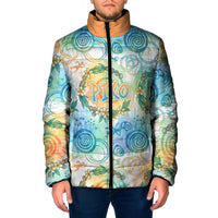 Hawaiian Piko Cultural Pride Aloha Padded Jacket Watercolor Spiral Art - Tropical Plumeria Lei Garland TS04 Men White Blue - Polynesian Pride