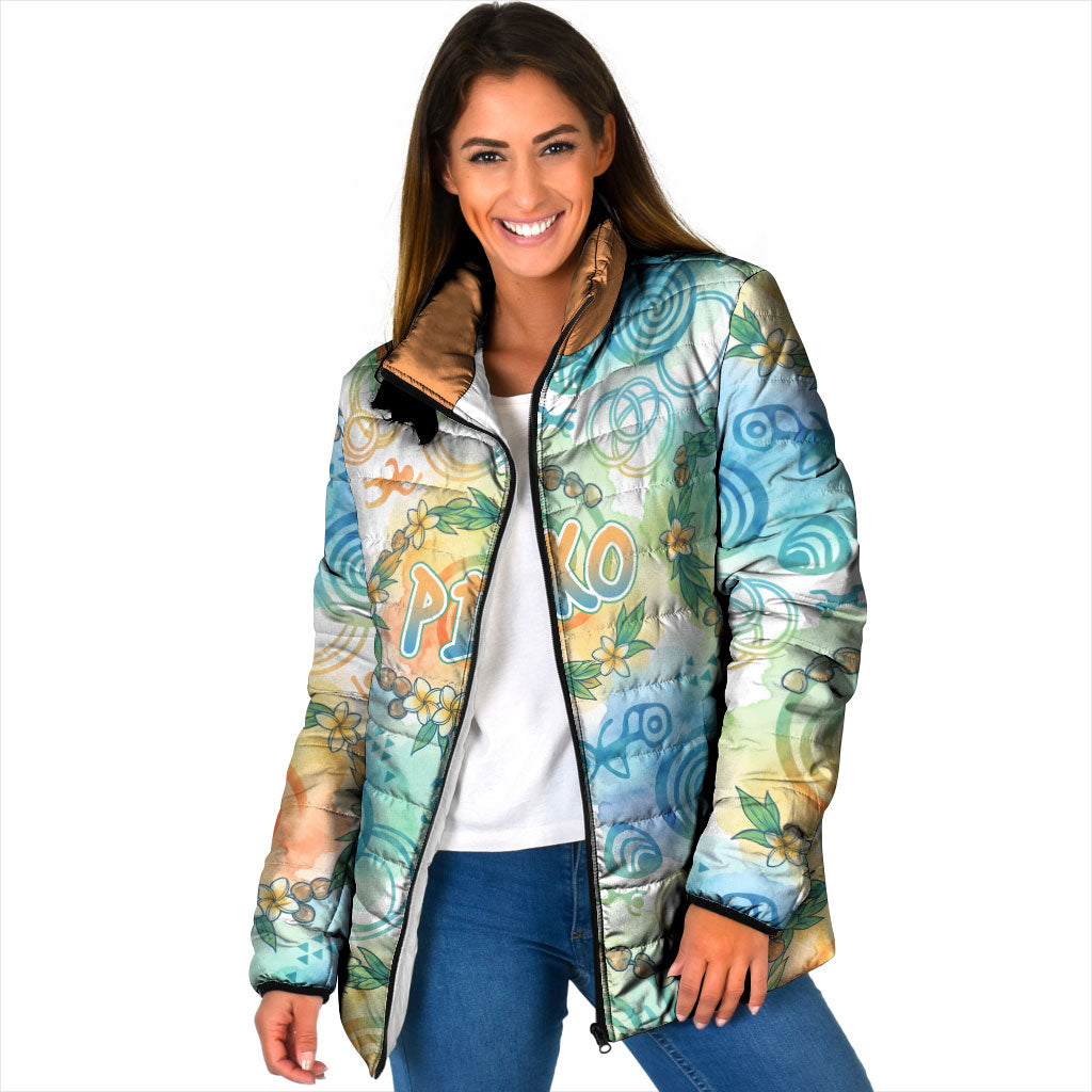 Hawaiian Piko Cultural Pride Aloha Padded Jacket Watercolor Spiral Art - Tropical Plumeria Lei Garland TS04 Women White Blue - Polynesian Pride