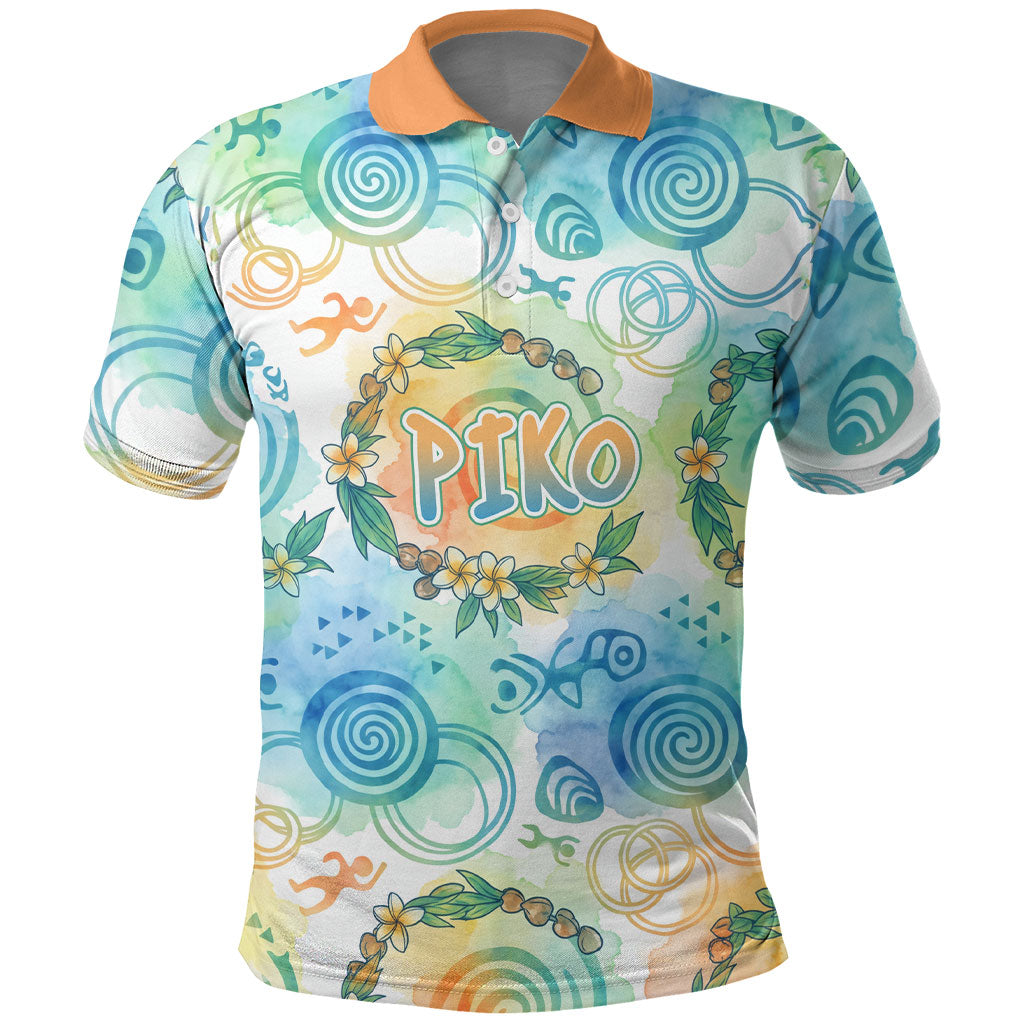 Hawaiian Piko Cultural Pride Aloha Polo Shirt Watercolor Spiral Art - Tropical Plumeria Lei Garland TS04 White Blue - Polynesian Pride