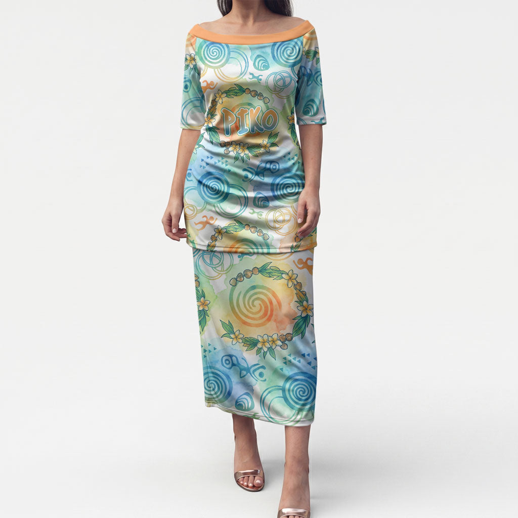 Hawaiian Piko Cultural Pride Aloha Puletasi Watercolor Spiral Art - Tropical Plumeria Lei Garland TS04 Long Dress White Blue - Polynesian Pride