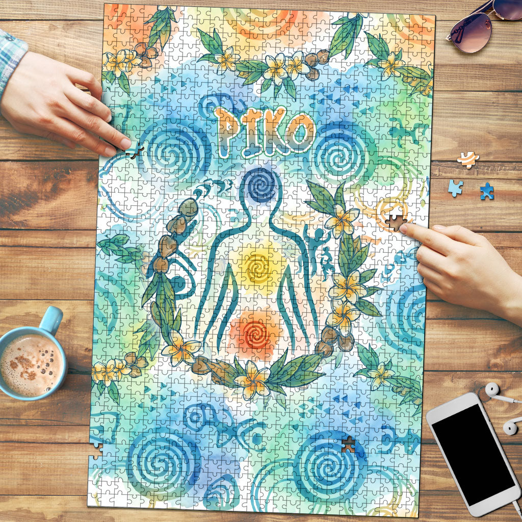 Hawaiian Piko Cultural Pride Aloha Puzzle Watercolor Spiral Art - Tropical Plumeria Lei Garland TS04 White Blue - Polynesian Pride