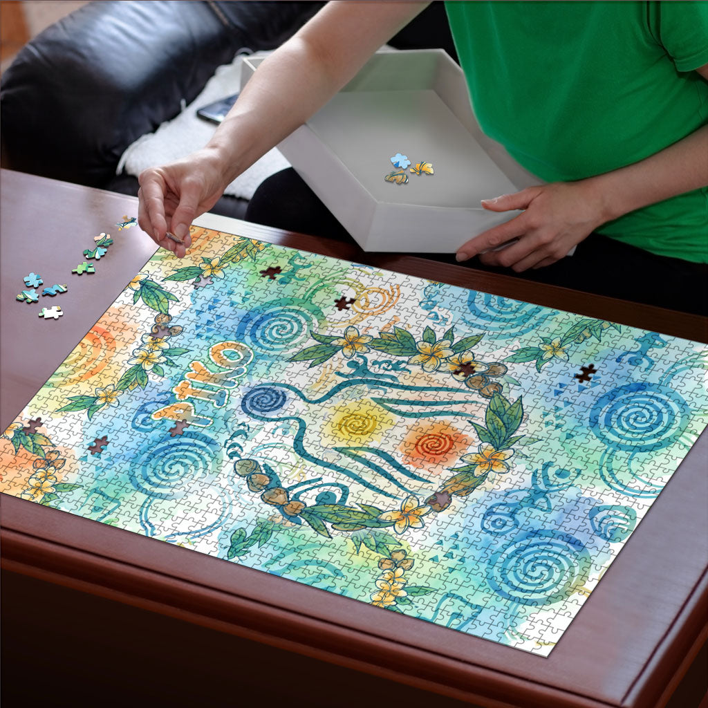 Hawaiian Piko Cultural Pride Aloha Puzzle Watercolor Spiral Art - Tropical Plumeria Lei Garland TS04 - Polynesian Pride