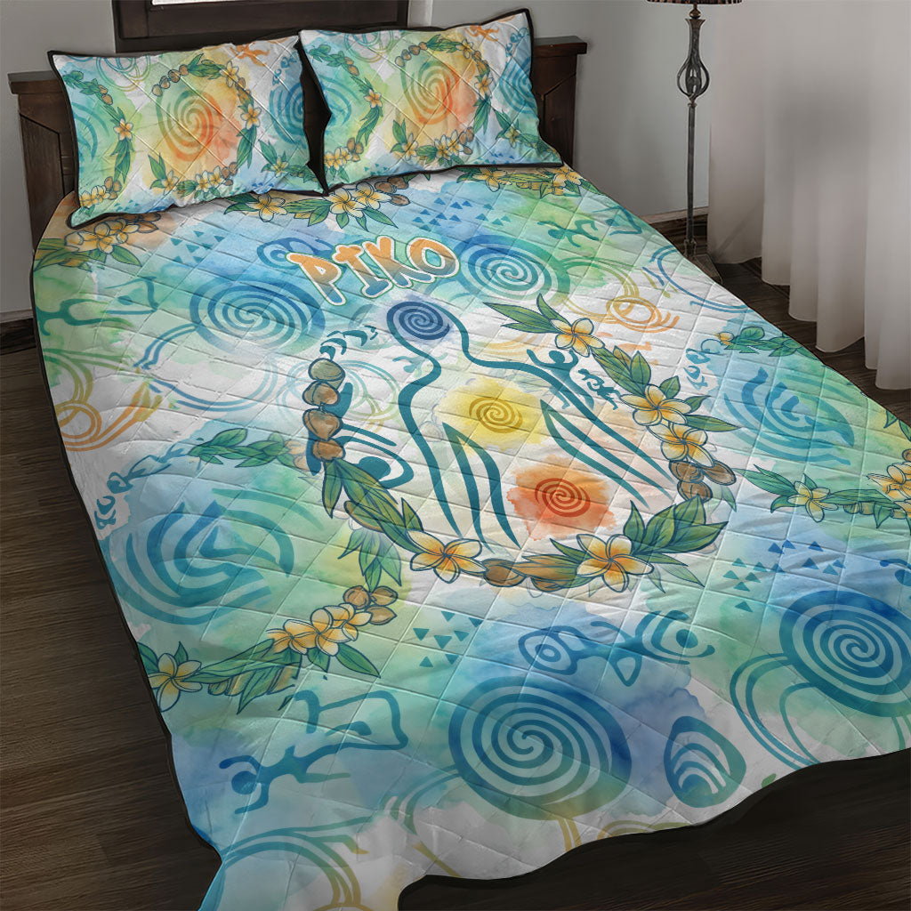 Hawaiian Piko Cultural Pride Aloha Quilt Bed Set Watercolor Spiral Art - Tropical Plumeria Lei Garland TS04 White Blue - Polynesian Pride