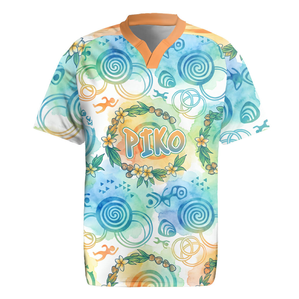 Hawaiian Piko Cultural Pride Aloha Rugby Jersey Watercolor Spiral Art - Tropical Plumeria Lei Garland TS04 White Blue - Polynesian Pride