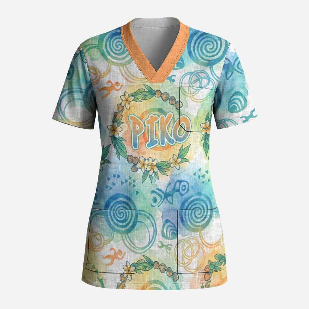 Hawaiian Piko Cultural Pride Aloha Scrub Top Watercolor Spiral Art - Tropical Plumeria Lei Garland TS04 Adult White Blue - Polynesian Pride