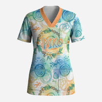 Hawaiian Piko Cultural Pride Aloha Scrub Top Watercolor Spiral Art - Tropical Plumeria Lei Garland TS04 Adult White Blue - Polynesian Pride