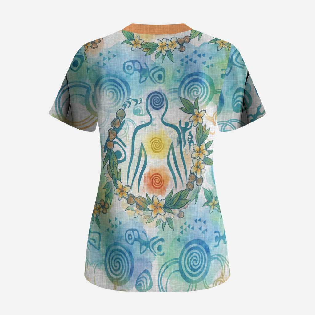 Hawaiian Piko Cultural Pride Aloha Scrub Top Watercolor Spiral Art - Tropical Plumeria Lei Garland TS04 - Polynesian Pride