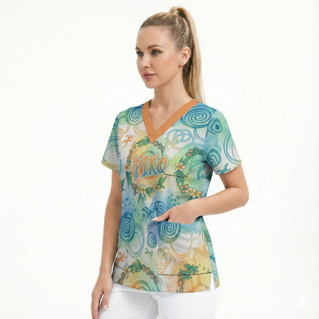 Hawaiian Piko Cultural Pride Aloha Scrub Top Watercolor Spiral Art - Tropical Plumeria Lei Garland TS04 - Polynesian Pride