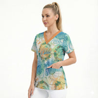 Hawaiian Piko Cultural Pride Aloha Scrub Top Watercolor Spiral Art - Tropical Plumeria Lei Garland TS04 - Polynesian Pride