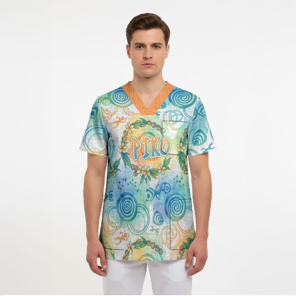 Hawaiian Piko Cultural Pride Aloha Scrub Top Watercolor Spiral Art - Tropical Plumeria Lei Garland TS04 - Polynesian Pride