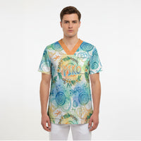 Hawaiian Piko Cultural Pride Aloha Scrub Top Watercolor Spiral Art - Tropical Plumeria Lei Garland TS04 - Polynesian Pride