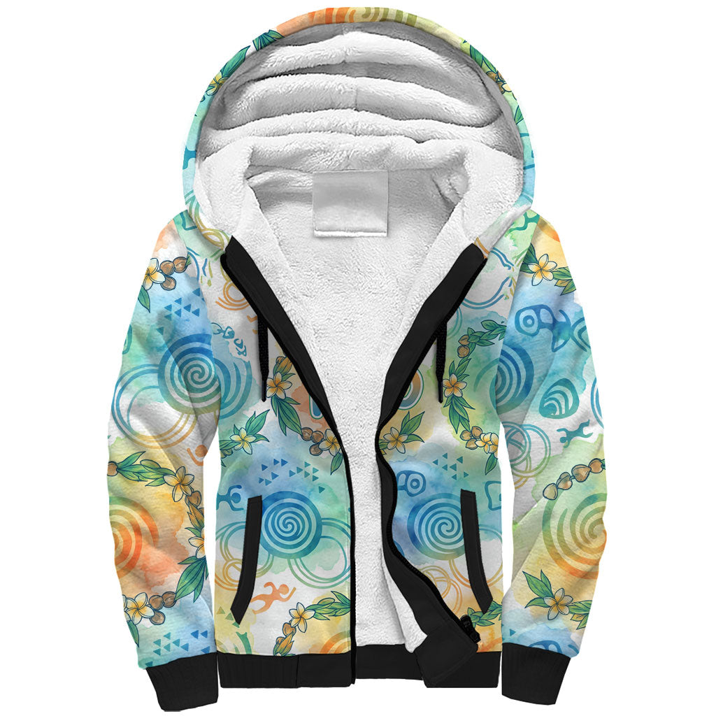 Hawaiian Piko Cultural Pride Aloha Sherpa Hoodie Watercolor Spiral Art - Tropical Plumeria Lei Garland TS04 Unisex White Blue - Polynesian Pride