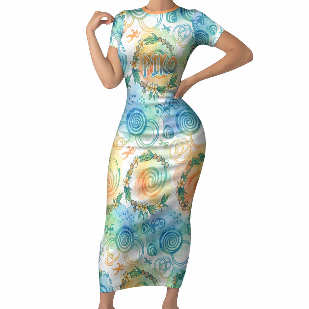 Hawaiian Piko Cultural Pride Aloha Short Sleeve Bodycon Dress Watercolor Spiral Art - Tropical Plumeria Lei Garland TS04 Long Dress White Blue - Polynesian Pride