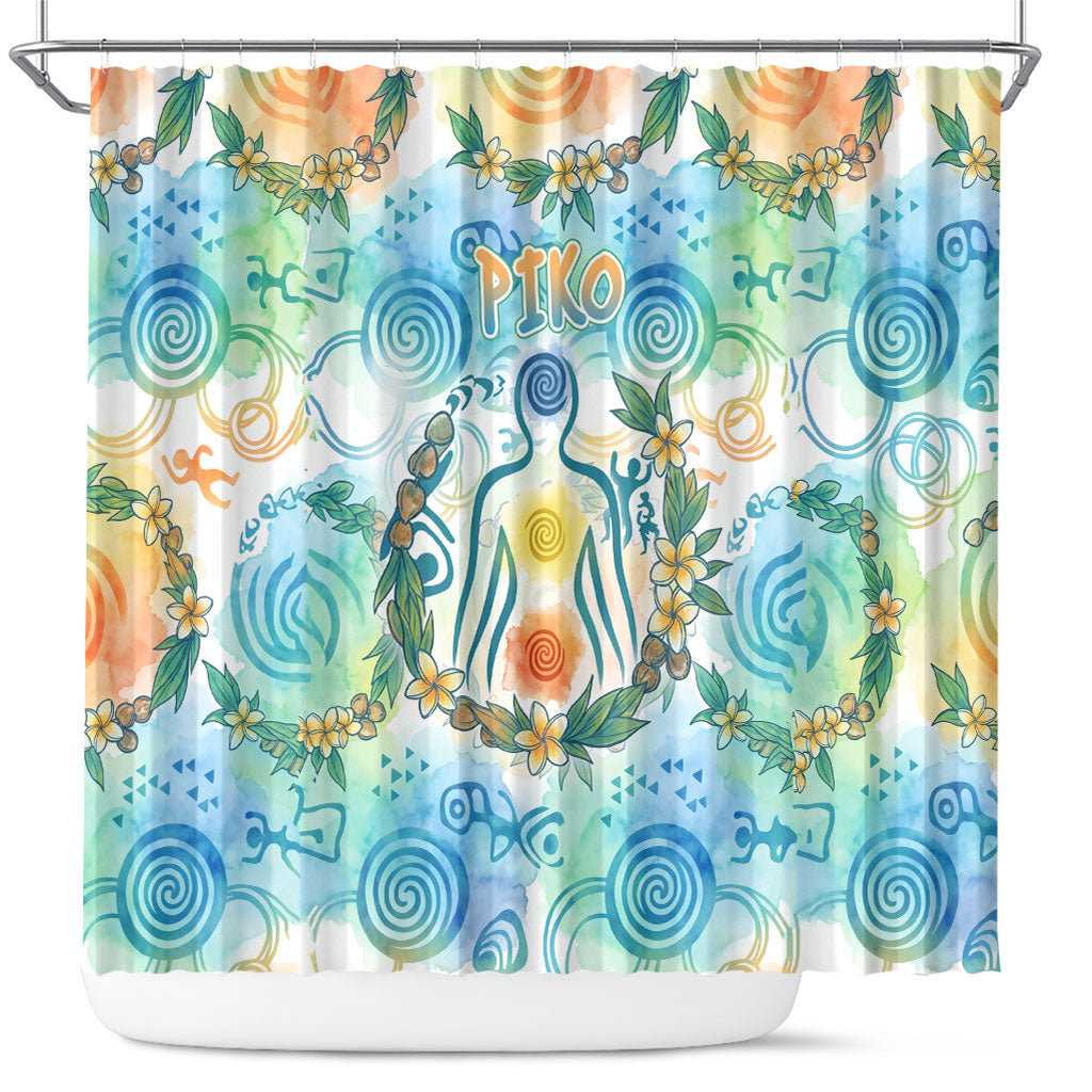 Hawaiian Piko Cultural Pride Aloha Shower Curtain Watercolor Spiral Art - Tropical Plumeria Lei Garland TS04 White Blue - Polynesian Pride