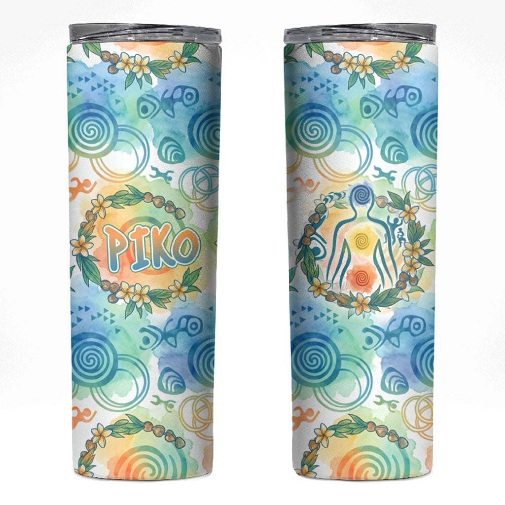 Hawaiian Piko Cultural Pride Aloha Skinny Tumbler Watercolor Spiral Art - Tropical Plumeria Lei Garland TS04 White Blue - Polynesian Pride