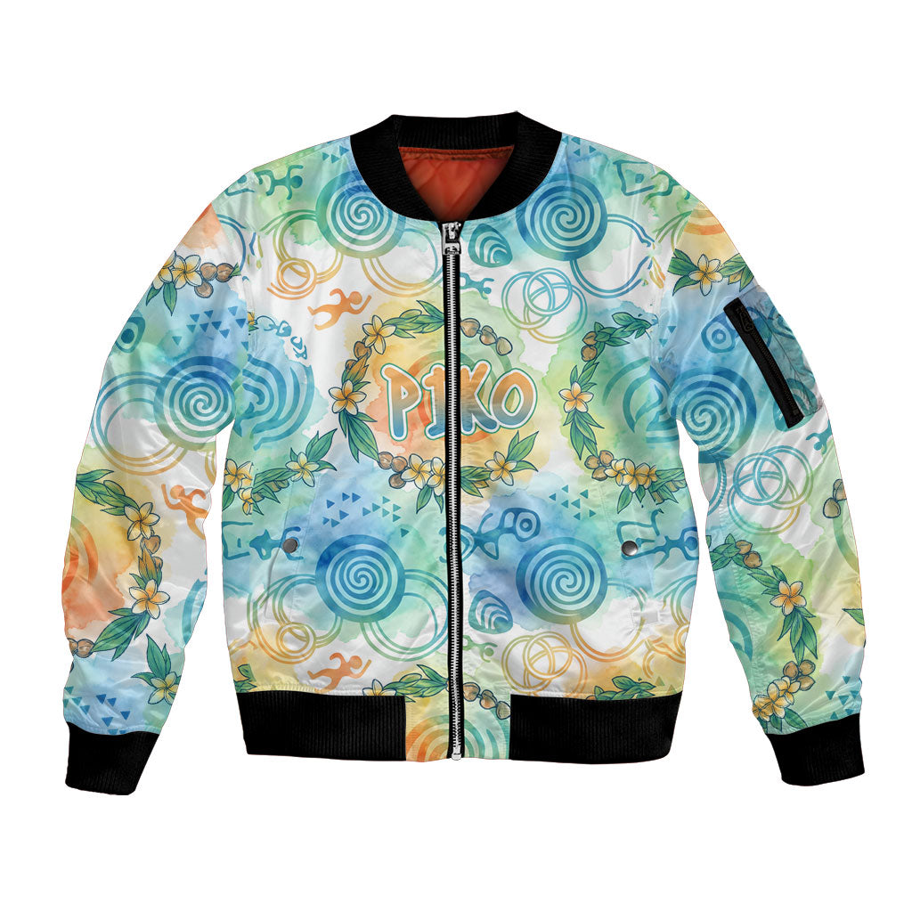 Hawaiian Piko Cultural Pride Aloha Sleeve Zip Bomber Jacket Watercolor Spiral Art - Tropical Plumeria Lei Garland TS04 Unisex White Blue - Polynesian Pride