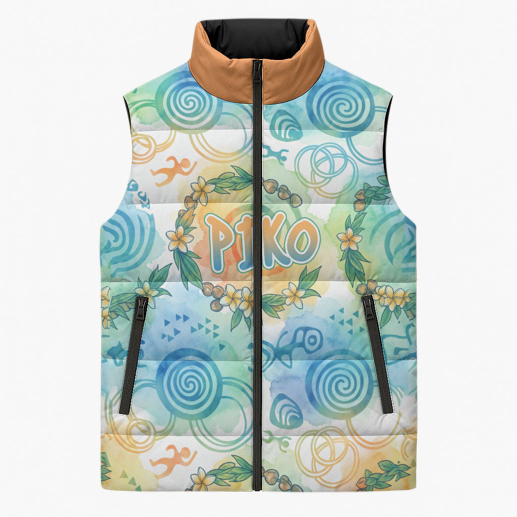 Hawaiian Piko Cultural Pride Aloha Sleeveless Puffer Jacket Watercolor Spiral Art - Tropical Plumeria Lei Garland TS04 Unisex White Blue - Polynesian Pride