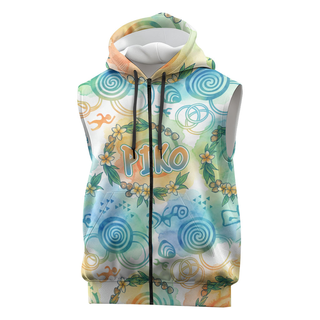 Hawaiian Piko Cultural Pride Aloha Sleeveless Zip Hoodie Watercolor Spiral Art - Tropical Plumeria Lei Garland TS04 White Blue - Polynesian Pride