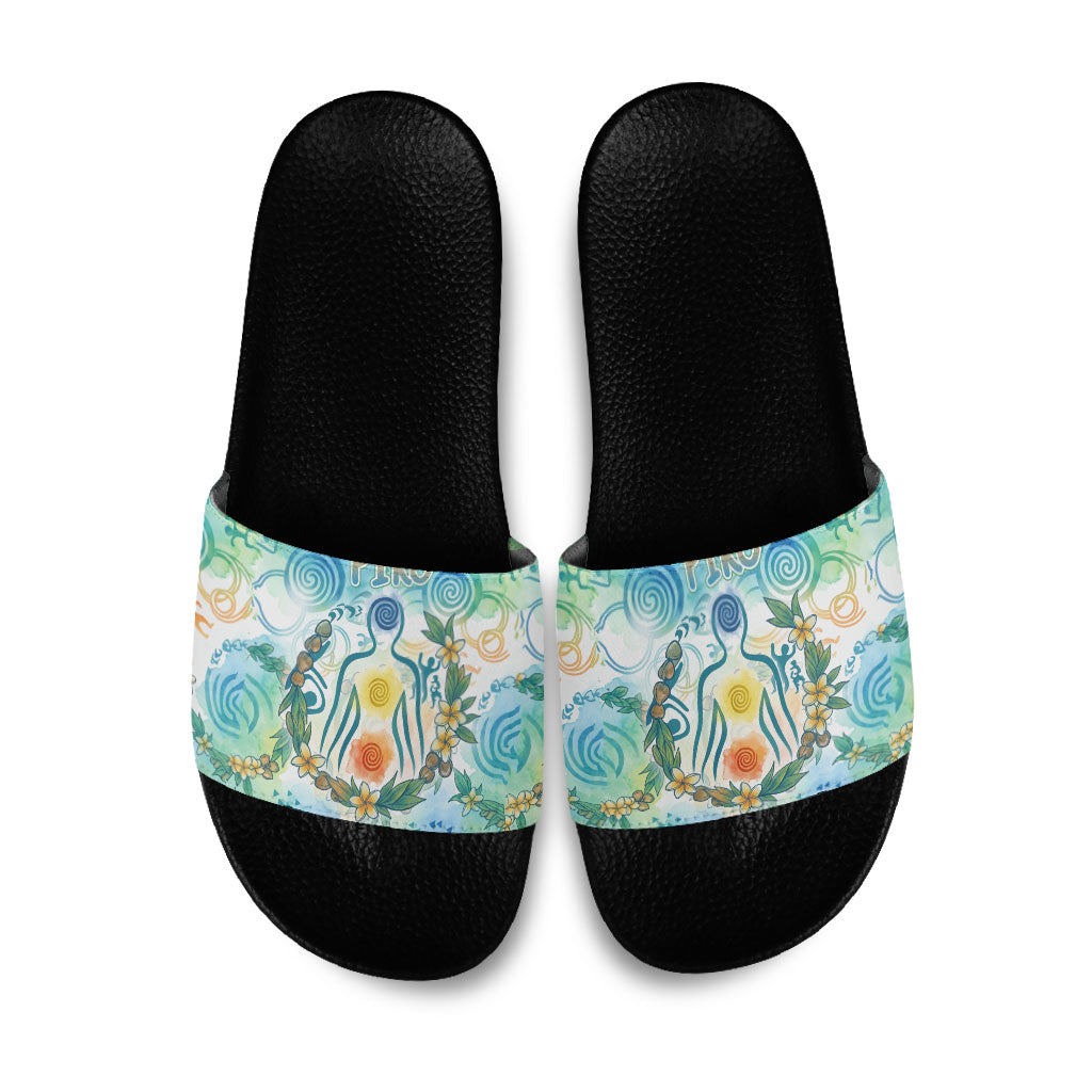 Hawaiian Piko Cultural Pride Aloha Slide Sandals Watercolor Spiral Art - Tropical Plumeria Lei Garland TS04 White Blue - Polynesian Pride