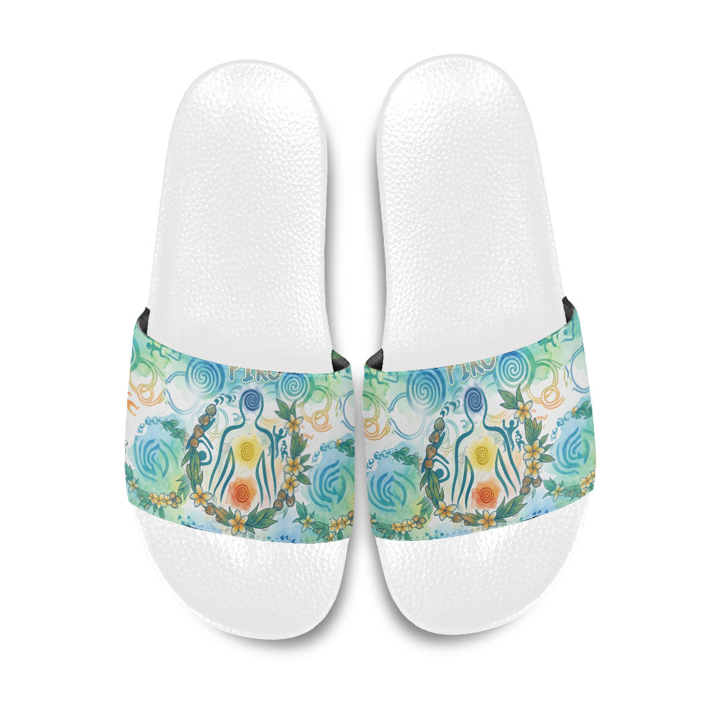 Hawaiian Piko Cultural Pride Aloha Slide Sandals Watercolor Spiral Art - Tropical Plumeria Lei Garland TS04 White Blue - Polynesian Pride