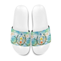 Hawaiian Piko Cultural Pride Aloha Slide Sandals Watercolor Spiral Art - Tropical Plumeria Lei Garland TS04 White Blue - Polynesian Pride