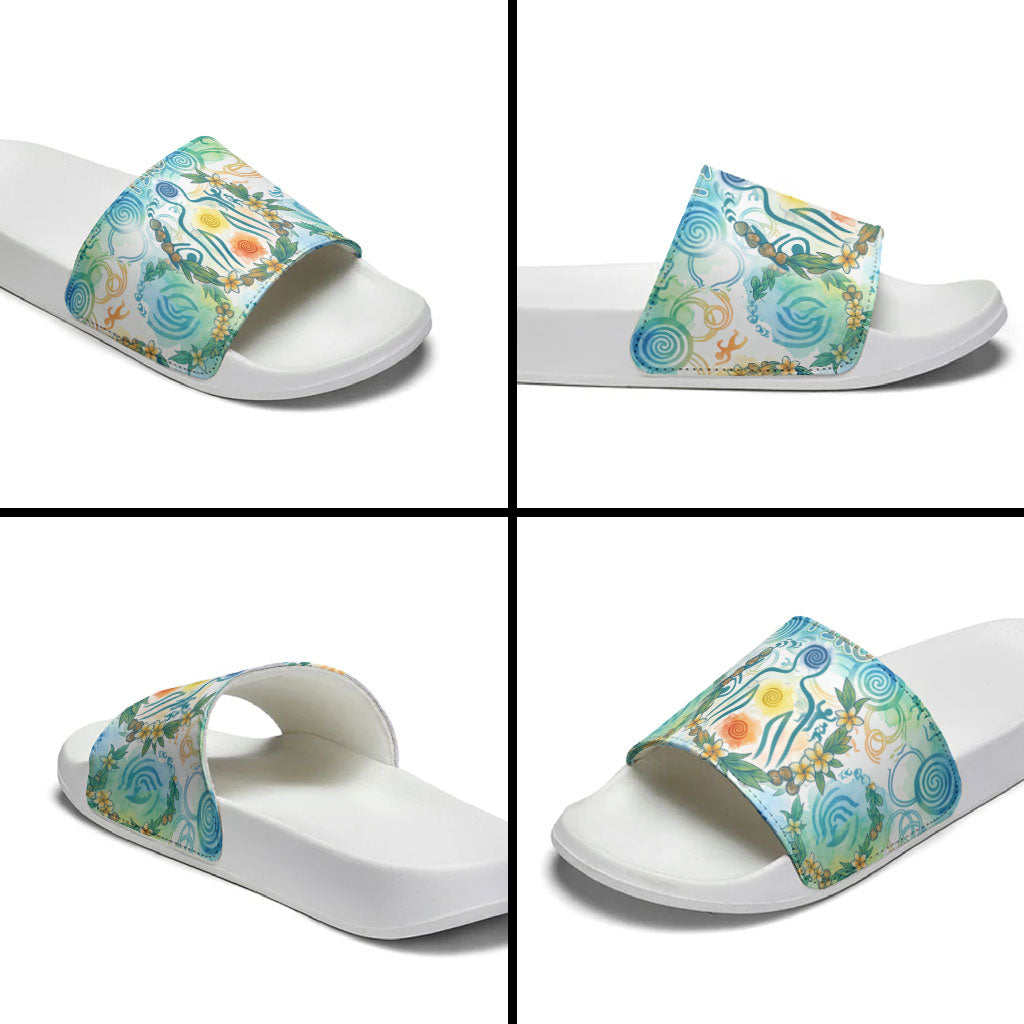 Hawaiian Piko Cultural Pride Aloha Slide Sandals Watercolor Spiral Art - Tropical Plumeria Lei Garland TS04 - Polynesian Pride