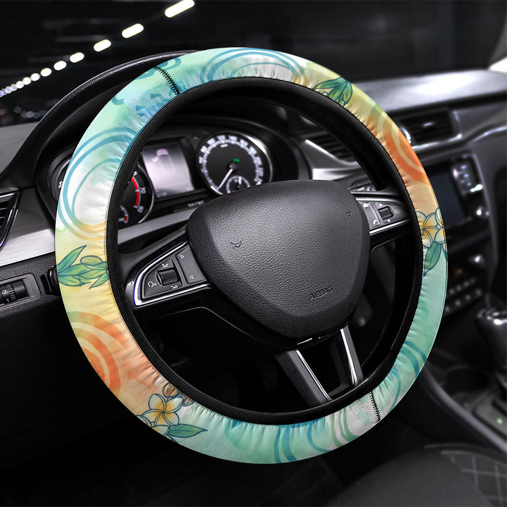 Hawaiian Piko Cultural Pride Aloha Steering Wheel Cover Watercolor Spiral Art - Tropical Plumeria Lei Garland TS04 Universal Fit White Blue - Polynesian Pride