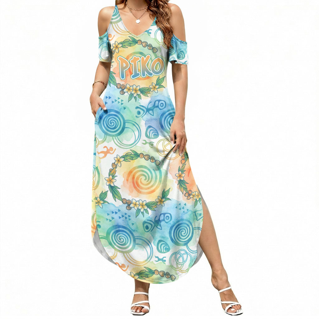 Hawaiian Piko Cultural Pride Aloha Summer Maxi Dress Watercolor Spiral Art - Tropical Plumeria Lei Garland TS04 Women White Blue - Polynesian Pride