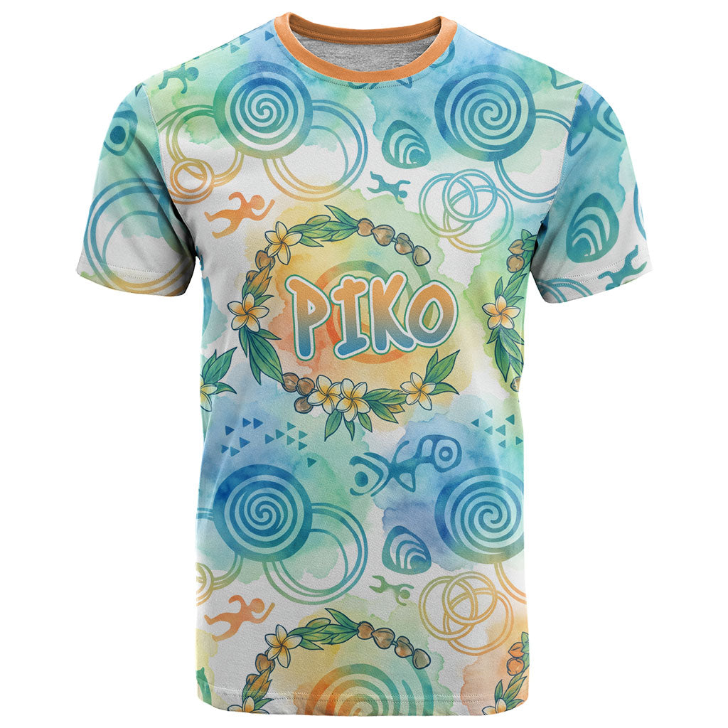 Hawaiian Piko Cultural Pride Aloha T Shirt Watercolor Spiral Art - Tropical Plumeria Lei Garland TS04 White Blue - Polynesian Pride