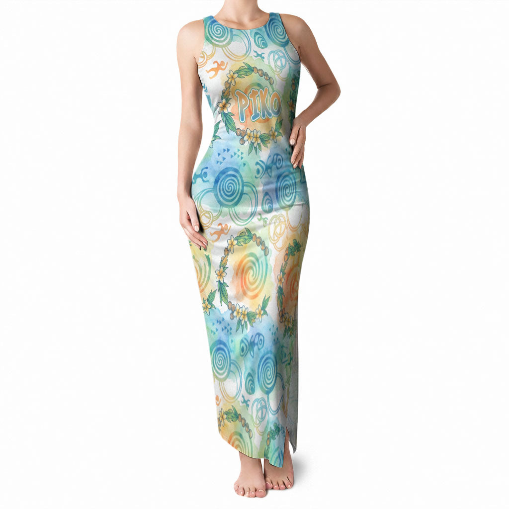 Hawaiian Piko Cultural Pride Aloha Tank Maxi Dress Watercolor Spiral Art - Tropical Plumeria Lei Garland TS04 Women White Blue - Polynesian Pride