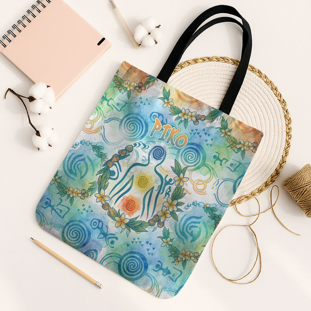 Hawaiian Piko Cultural Pride Aloha Tote Bag Watercolor Spiral Art - Tropical Plumeria Lei Garland TS04 Black Strap One Size White Blue - Polynesian Pride