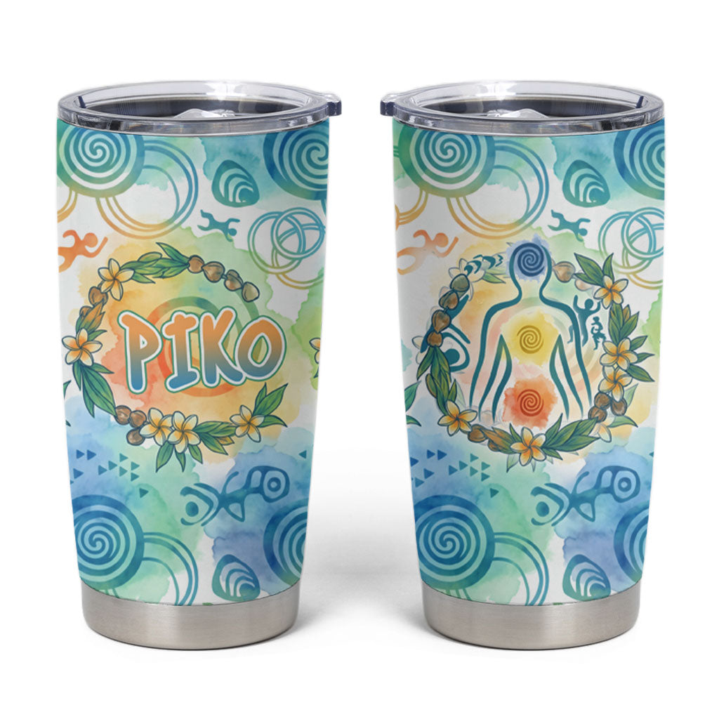 Hawaiian Piko Cultural Pride Aloha Tumbler Cup Watercolor Spiral Art - Tropical Plumeria Lei Garland TS04 White Blue - Polynesian Pride
