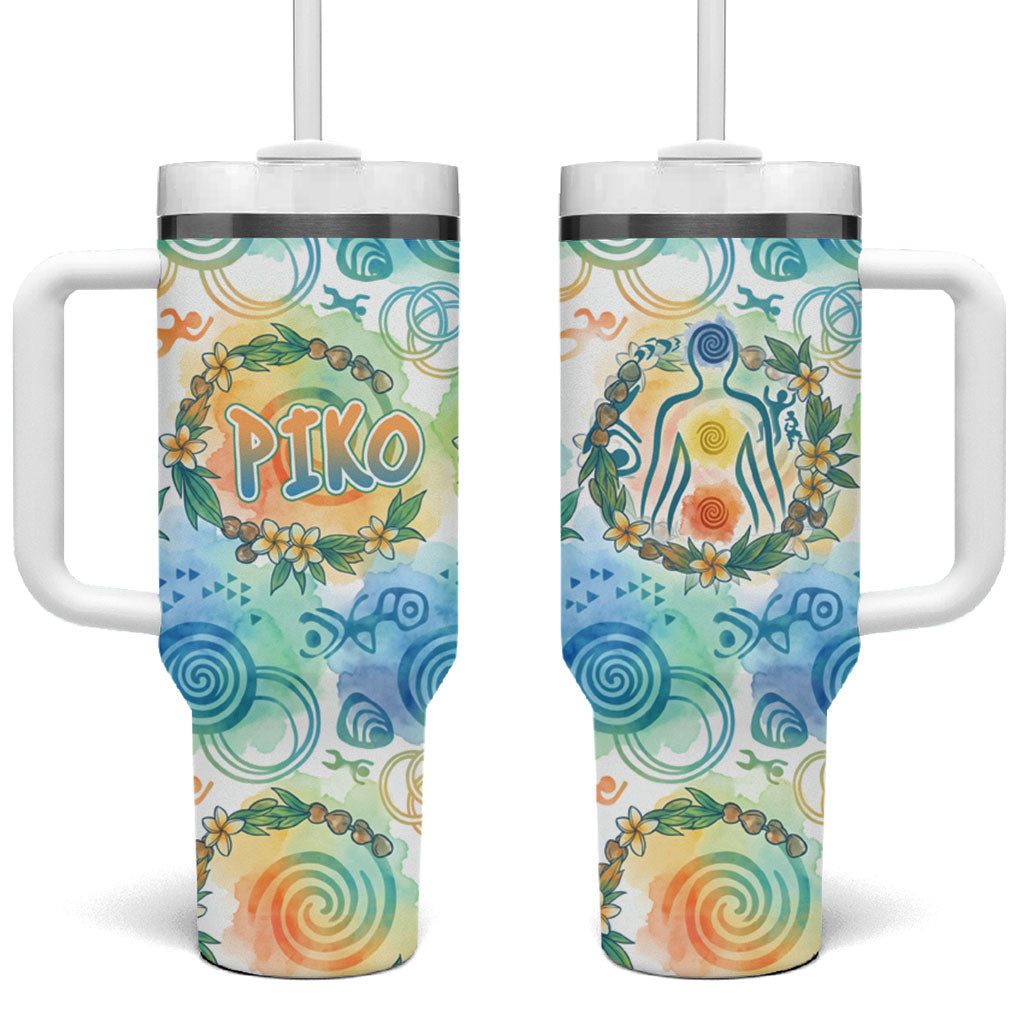 Hawaiian Piko Cultural Pride Aloha Tumbler With Handle Watercolor Spiral Art - Tropical Plumeria Lei Garland TS04 One Size: 40 oz White Blue - Polynesian Pride