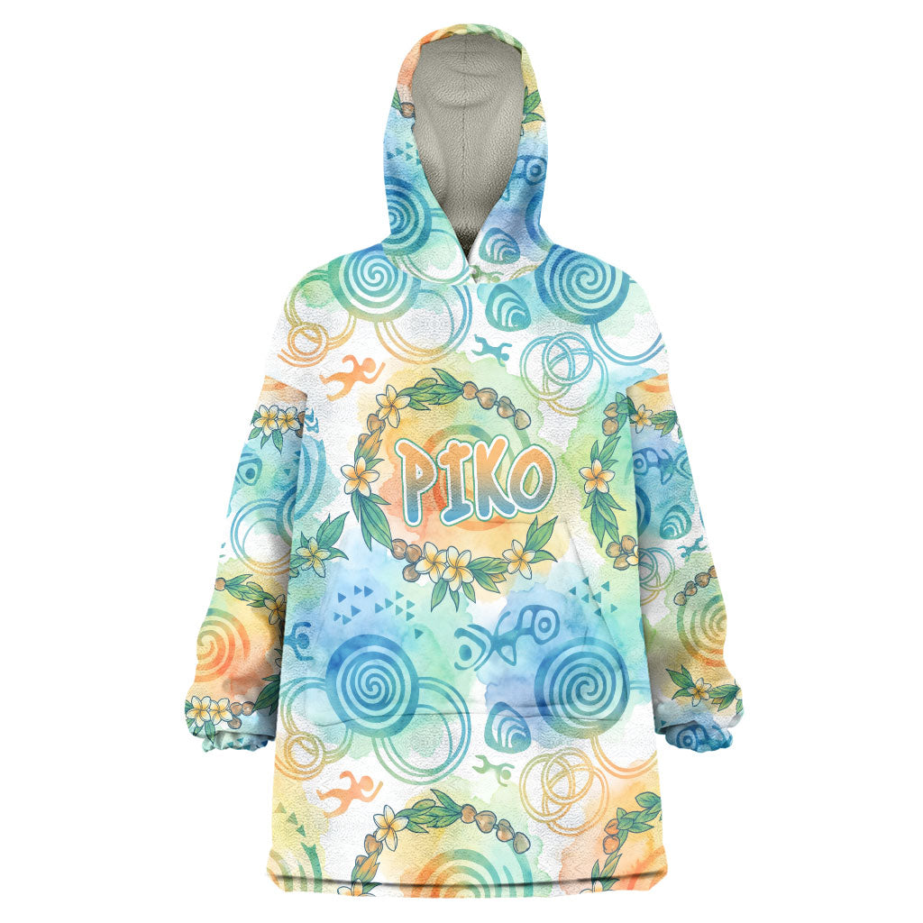 Hawaiian Piko Cultural Pride Aloha Wearable Blanket Hoodie Watercolor Spiral Art - Tropical Plumeria Lei Garland TS04 One Size White Blue - Polynesian Pride