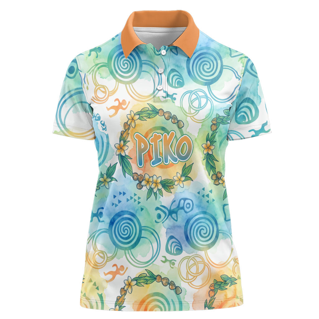 Hawaiian Piko Cultural Pride Aloha Women Polo Shirt Watercolor Spiral Art - Tropical Plumeria Lei Garland TS04 Female White Blue - Polynesian Pride