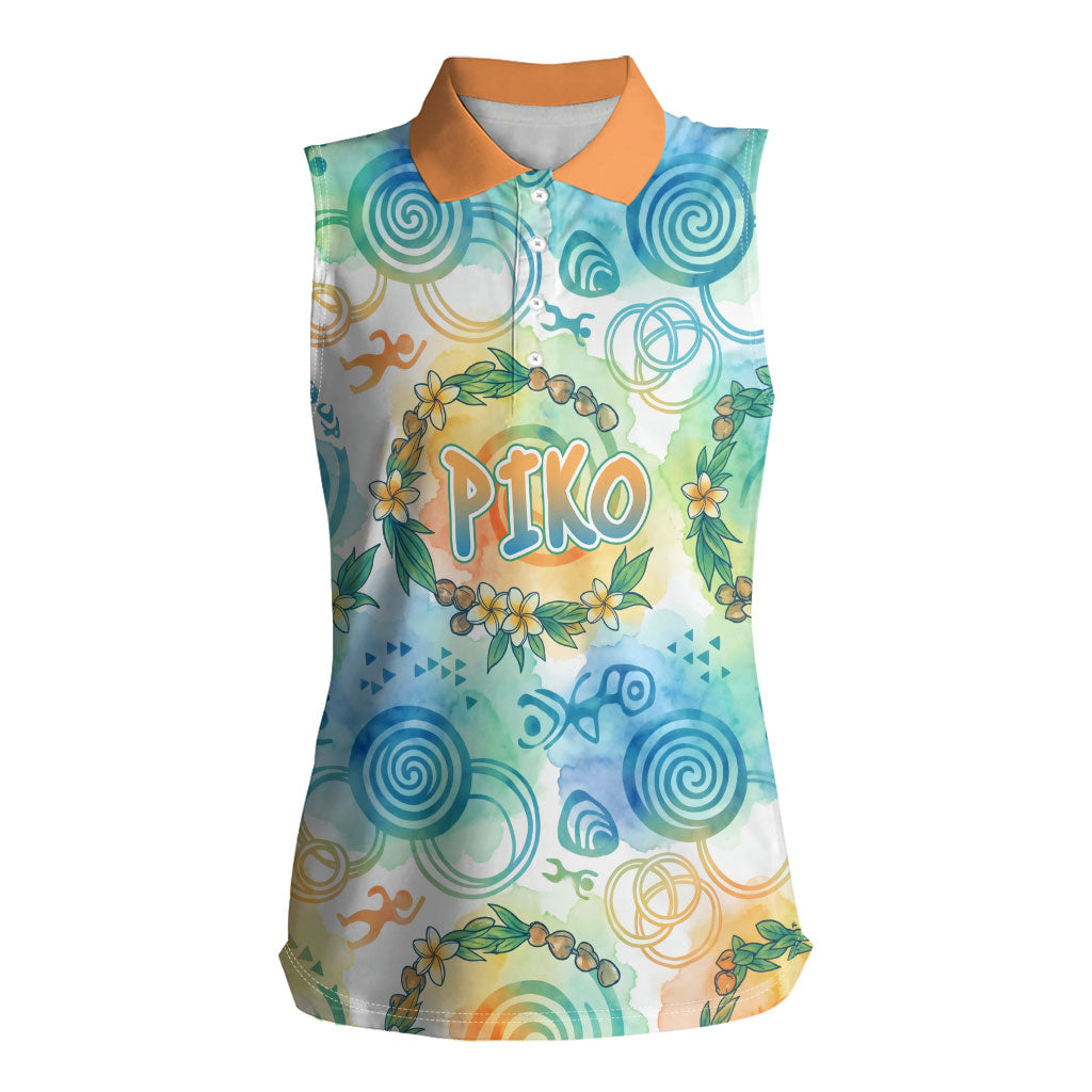 Hawaiian Piko Cultural Pride Aloha Women Sleeveless Polo Shirt Watercolor Spiral Art - Tropical Plumeria Lei Garland TS04 Female White Blue - Polynesian Pride