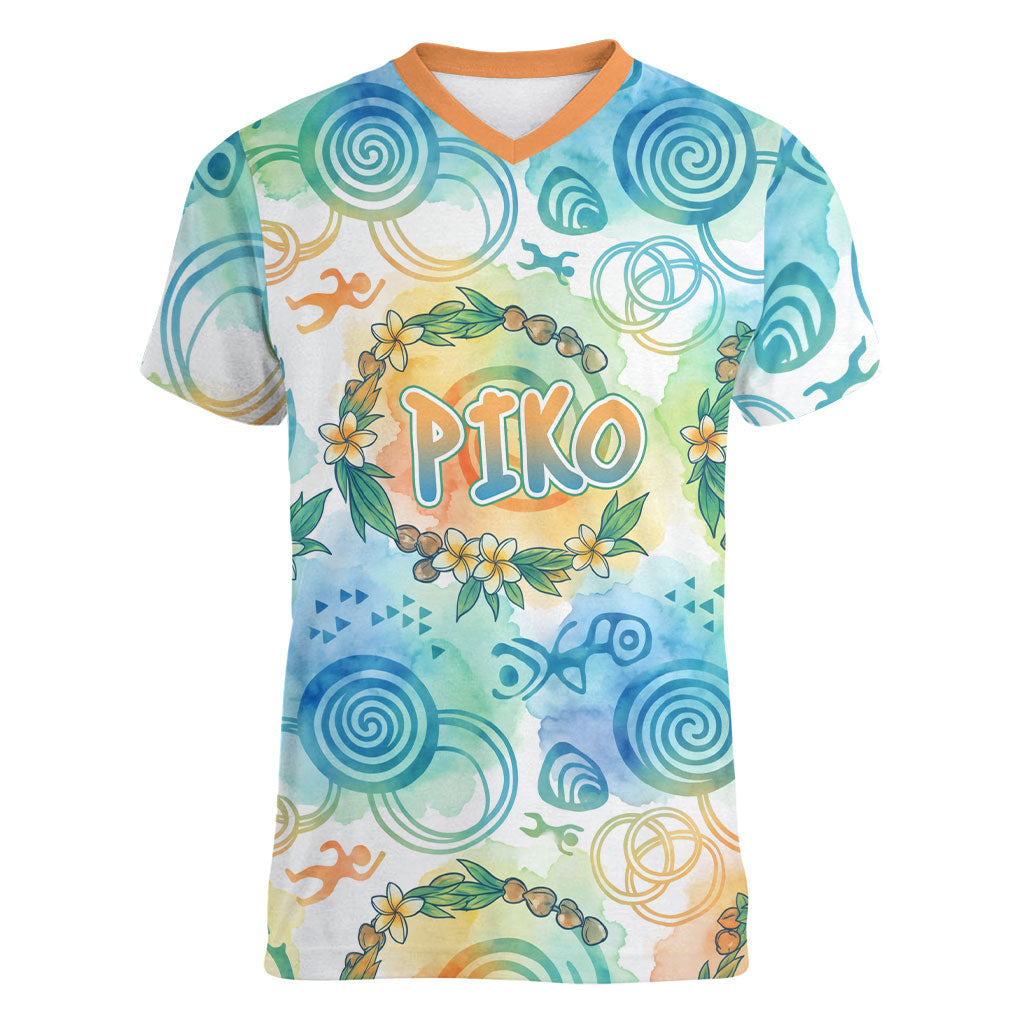 Hawaiian Piko Cultural Pride Aloha Women V-Neck T-Shirt Watercolor Spiral Art - Tropical Plumeria Lei Garland TS04 Female White Blue - Polynesian Pride