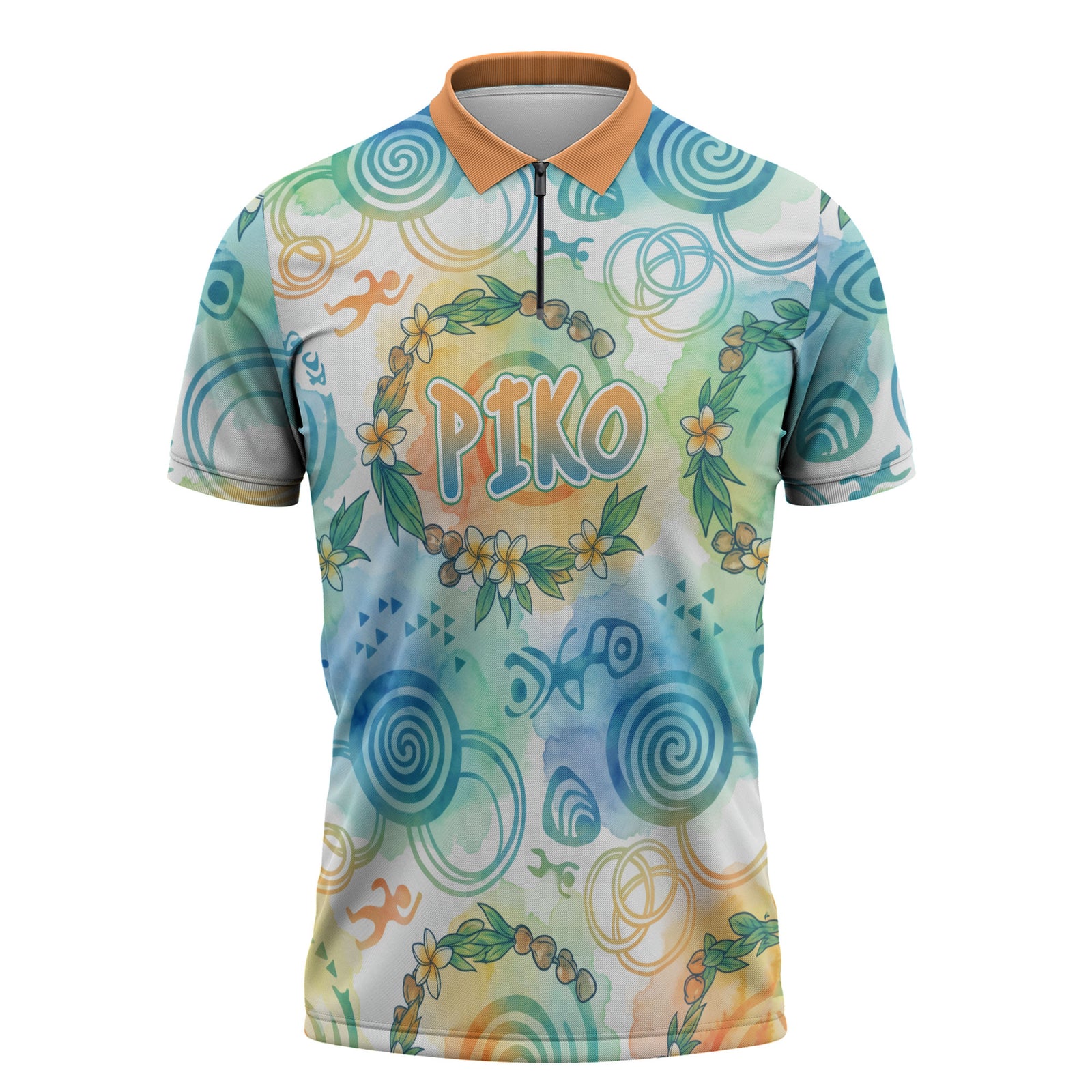 Hawaiian Piko Cultural Pride Aloha Zipper Polo Shirt Watercolor Spiral Art - Tropical Plumeria Lei Garland TS04 White Blue - Polynesian Pride