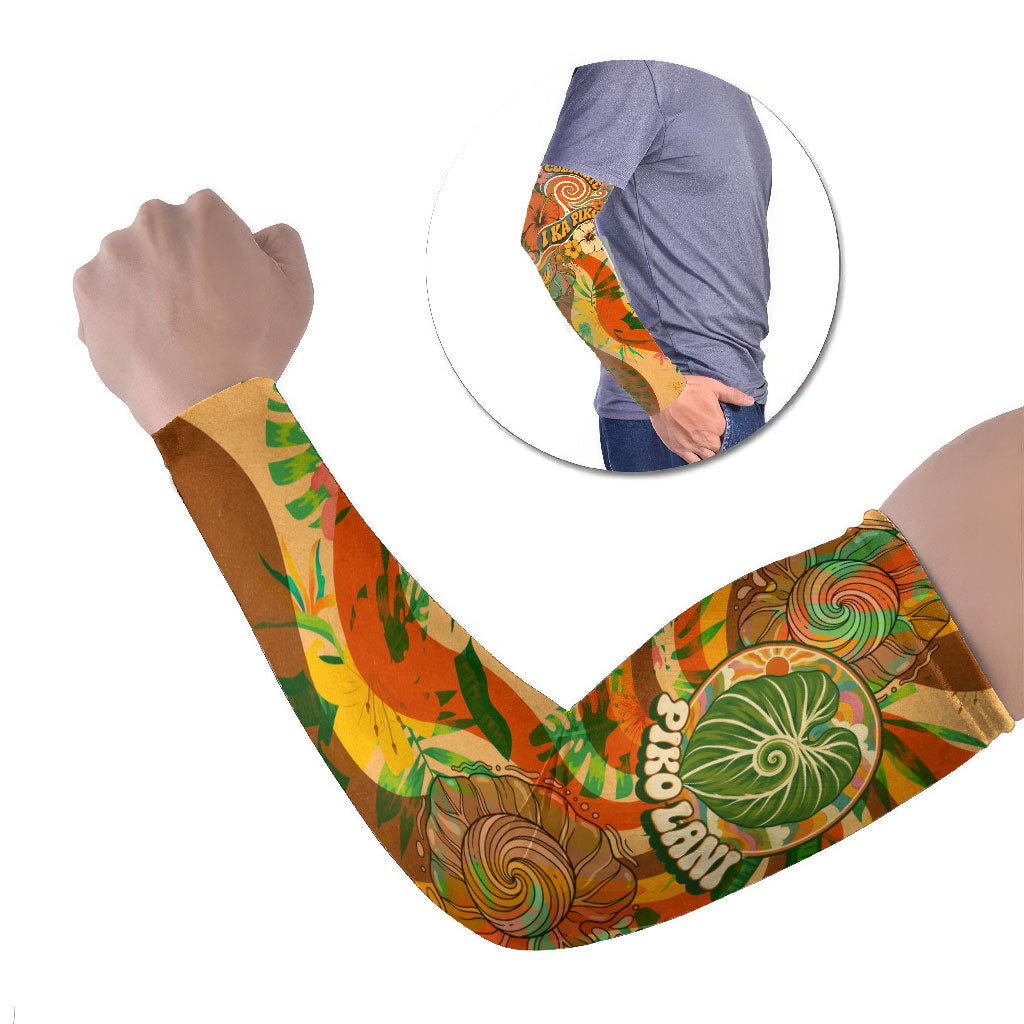 Hawaiian Piko Lani Cultivate I Ka Piko Aloha Arm Sleeves Retro Psychedelic Taro Leaf - Hibiscus Flowers TS04 Set of 2 Orange Green - Polynesian Pride