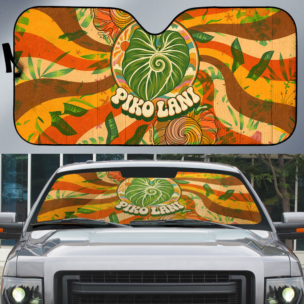 Hawaiian Piko Lani Cultivate I Ka Piko Aloha Auto Sun Shade Retro Psychedelic Taro Leaf - Hibiscus Flowers TS04 Orange Green - Polynesian Pride