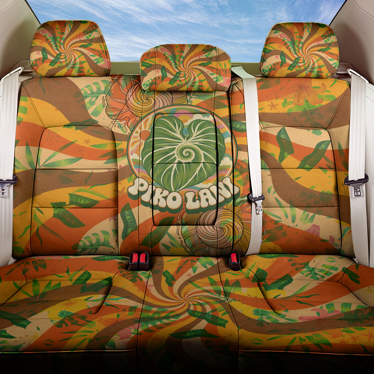 Hawaiian Piko Lani Cultivate I Ka Piko Aloha Back Car Seat Cover Retro Psychedelic Taro Leaf - Hibiscus Flowers TS04 One Size Orange Green - Polynesian Pride