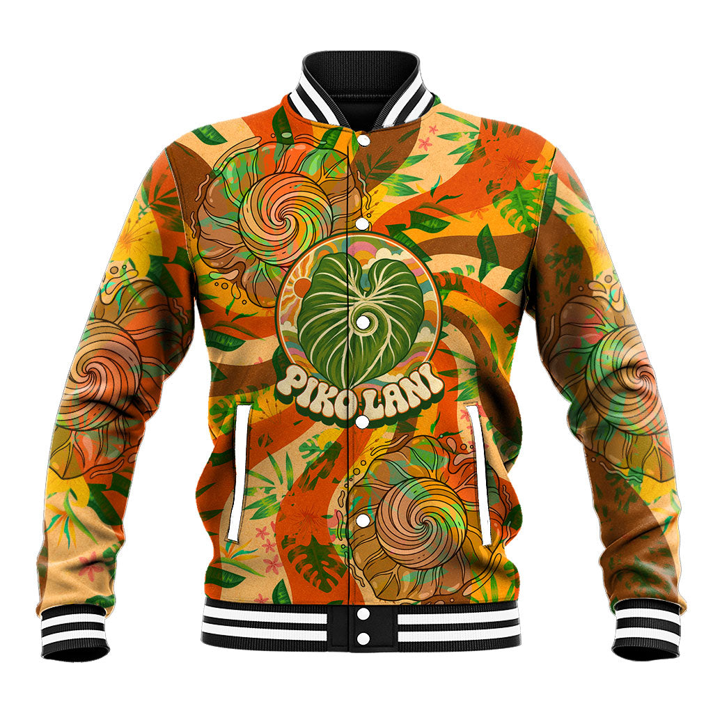 Hawaiian Piko Lani Cultivate I Ka Piko Aloha Baseball Jacket Retro Psychedelic Taro Leaf - Hibiscus Flowers TS04 Unisex Orange Green - Polynesian Pride