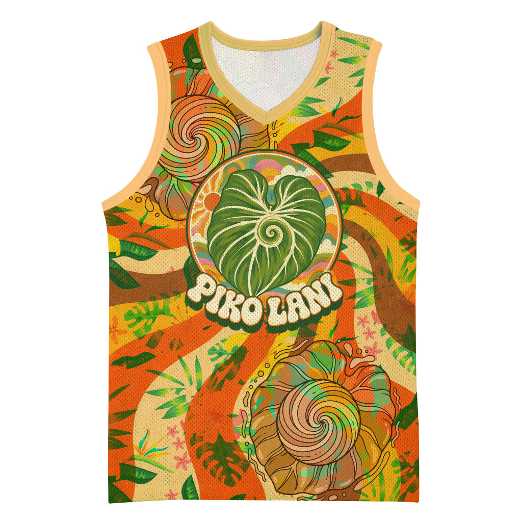 Hawaiian Piko Lani Cultivate I Ka Piko Aloha Basketball Jersey Retro Psychedelic Taro Leaf - Hibiscus Flowers TS04 Unisex Orange Green - Polynesian Pride