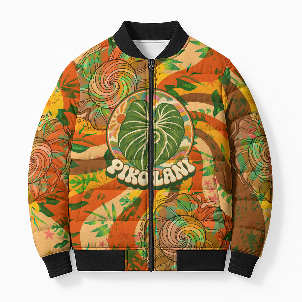Hawaiian Piko Lani Cultivate I Ka Piko Aloha Bomber Puffer Jacket Retro Psychedelic Taro Leaf - Hibiscus Flowers TS04 Unisex Orange Green - Polynesian Pride