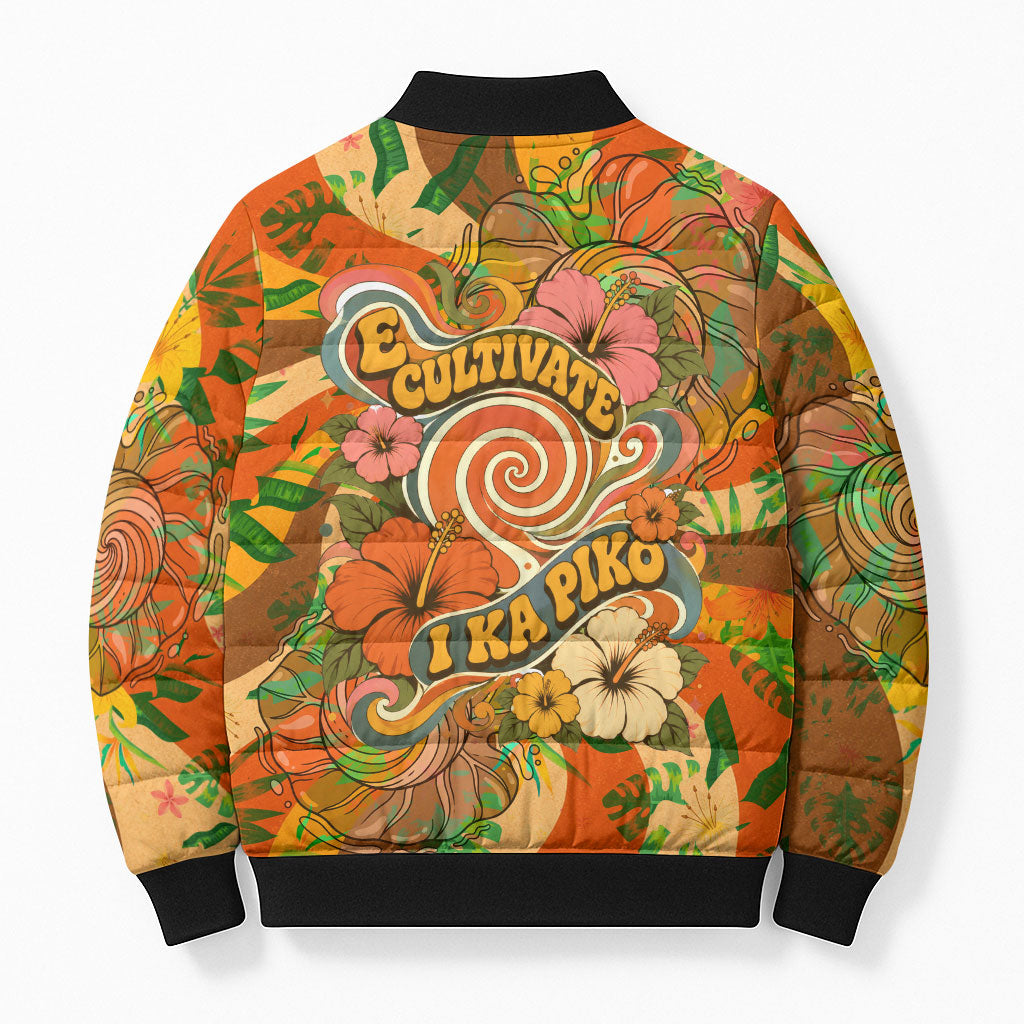 Hawaiian Piko Lani Cultivate I Ka Piko Aloha Bomber Puffer Jacket Retro Psychedelic Taro Leaf - Hibiscus Flowers TS04 - Polynesian Pride