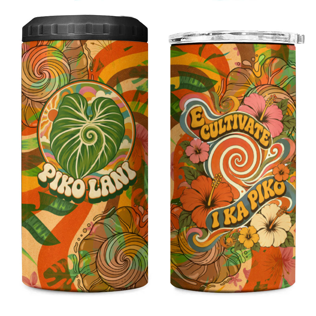 Hawaiian Piko Lani Cultivate I Ka Piko Aloha 4 in 1 Can Cooler Tumbler Retro Psychedelic Taro Leaf - Hibiscus Flowers TS04 One Size: 16 oz Orange Green - Polynesian Pride